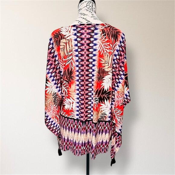 Ruby Rd M Linen Poncho Blouse Purple Orange Floral Tassel Boho Hippie Resort Top - Picture 7 of 10